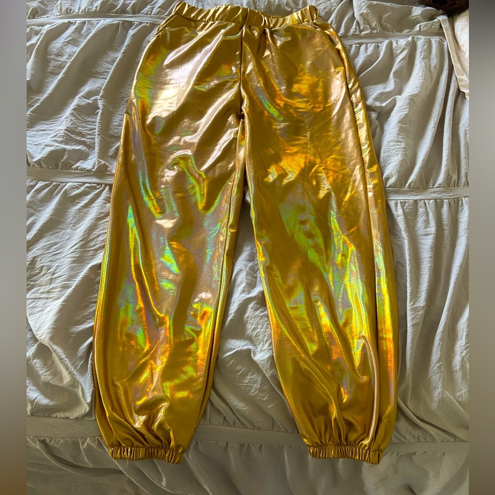 gold iredescent pants
